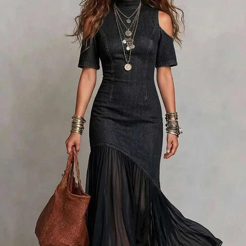 Denim Cold Shoulder Midi Dress