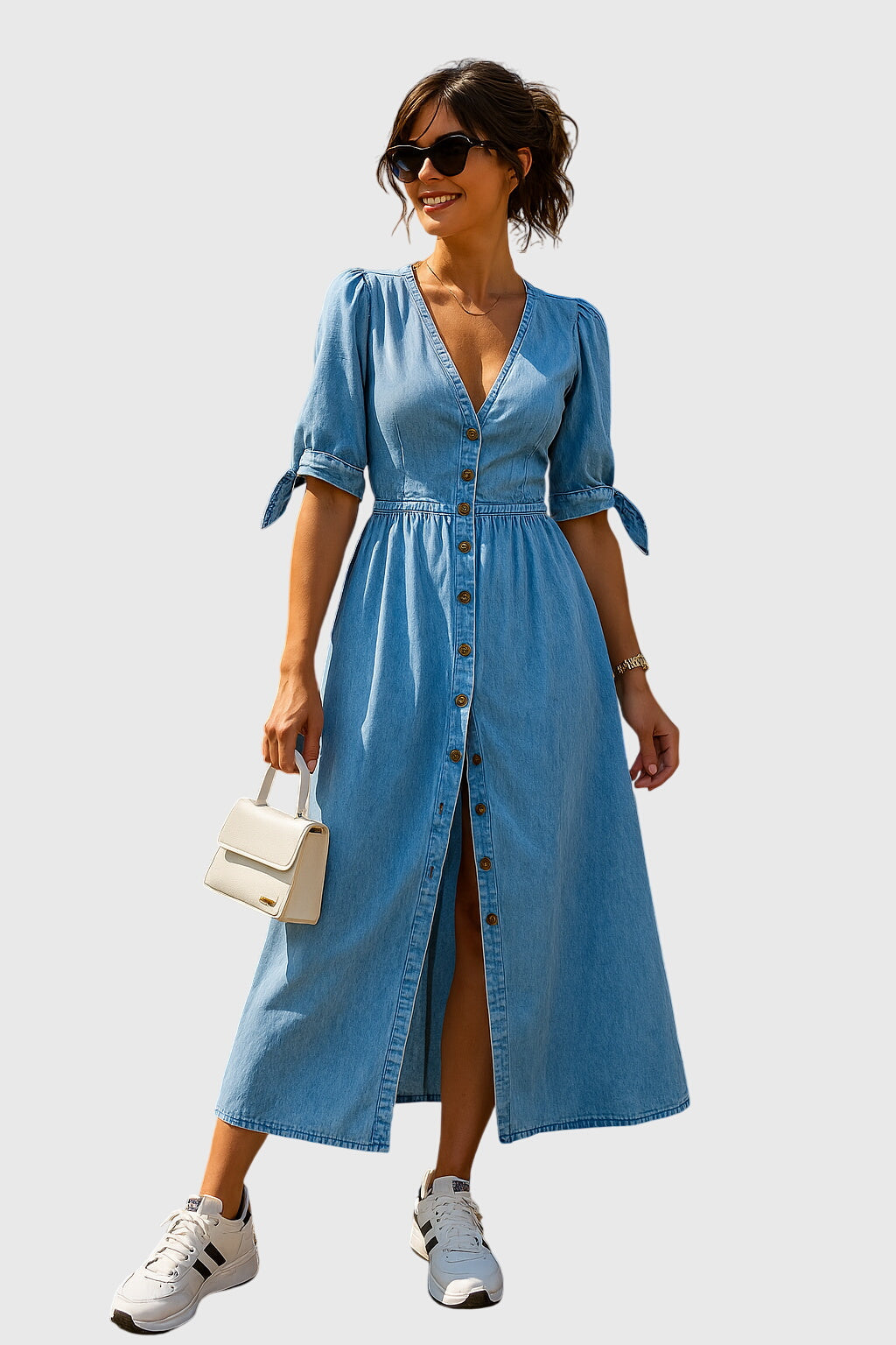 Blue - A woman wearing a light-wash blue denim midi dress with puff sleeves, tie cuffs, a V-neckline, and a button-down front, styled with white sneakers and a small white handbag.