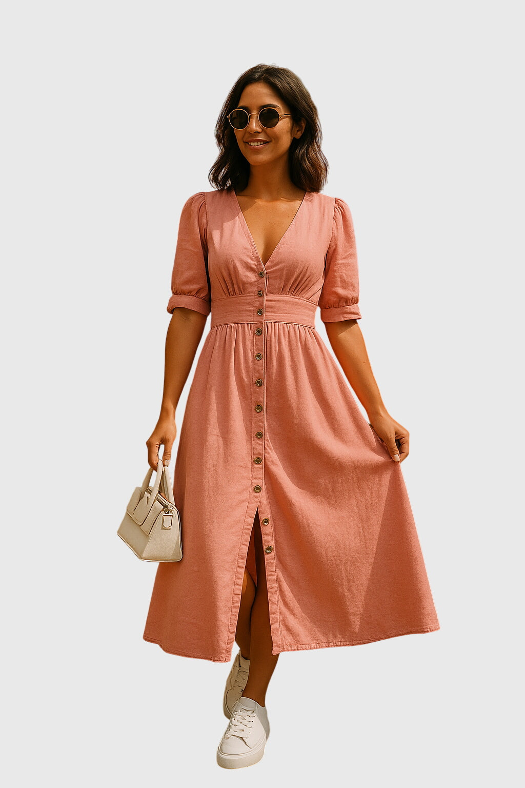 Pink - A woman wearing a light-wash blue denim midi dress with puff sleeves, tie cuffs, a V-neckline, and a button-down front, styled with white sneakers and a small white handbag.