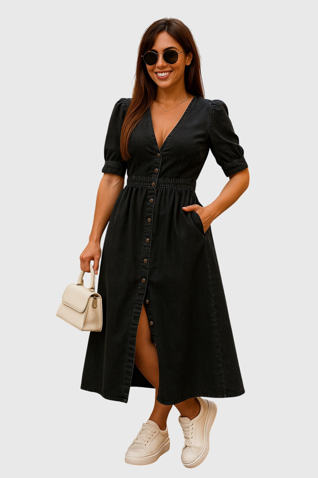 Black (almost sold out) - A woman wearing a light-wash blue denim midi dress with puff sleeves, tie cuffs, a V-neckline, and a button-down front, styled with white sneakers and a small white handbag.