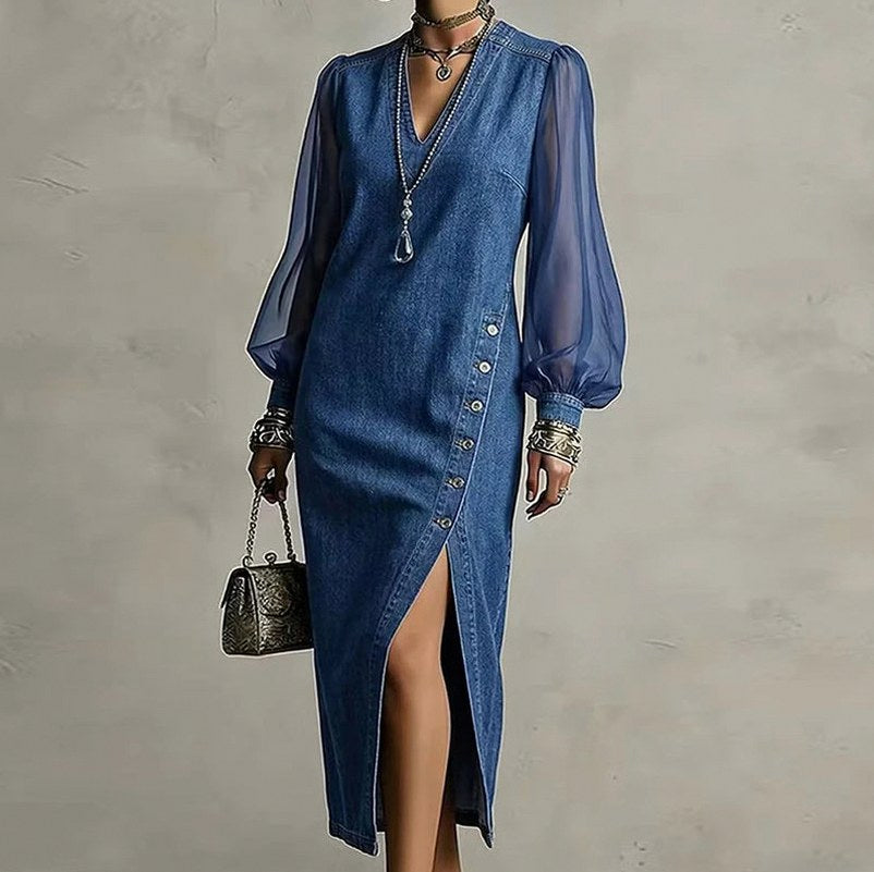 Denim Sheer Sleeve Midi Dress