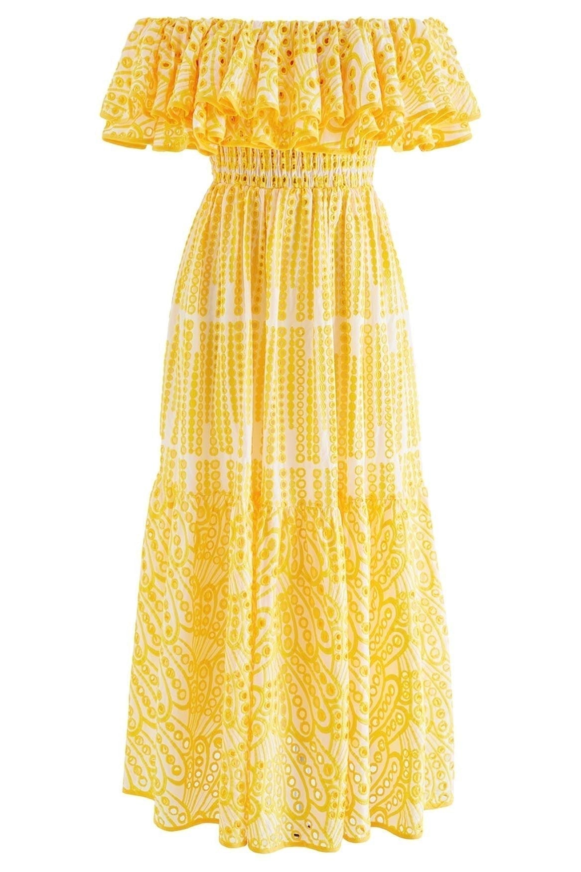 Woman wearing yellow eyelet embroidered off-the-shoulder maxi dress