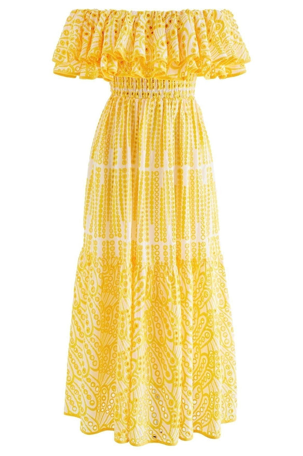 Woman wearing yellow eyelet embroidered off-the-shoulder maxi dress