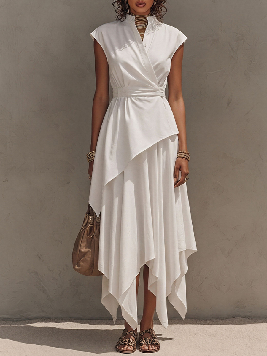 Off-White - Woman wearing a sleeveless, collared midi dress with a wrap bodice and asymmetrical handkerchief hem, styled with sandals and a handbag.