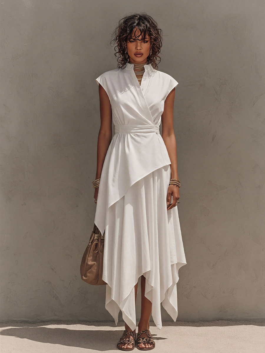 Off-White - Woman wearing a sleeveless, collared midi dress with a wrap bodice and asymmetrical handkerchief hem, styled with sandals and a handbag.