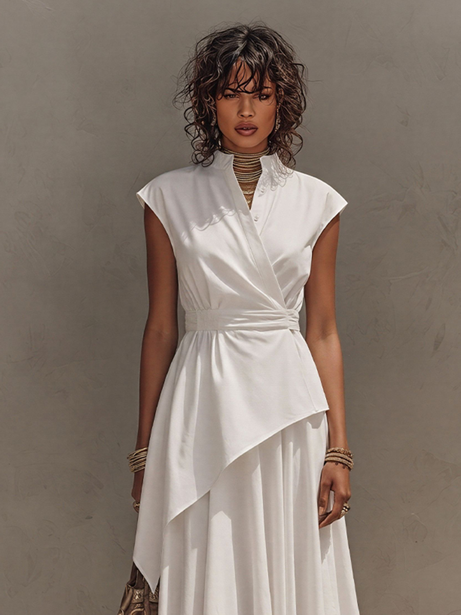 Off-White - Woman wearing a sleeveless, collared midi dress with a wrap bodice and asymmetrical handkerchief hem, styled with sandals and a handbag.
