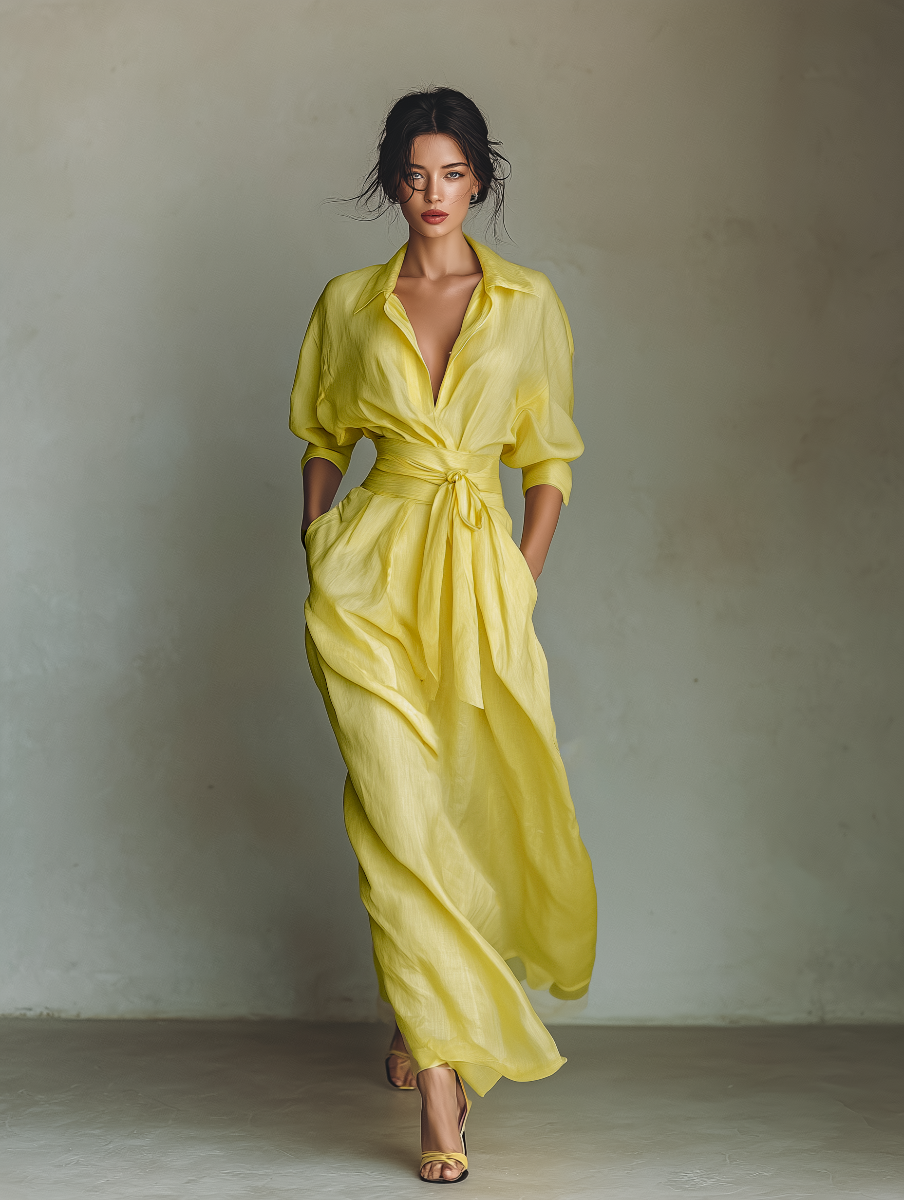 Yellow - Woman walking in a flowing, long-sleeve collared maxi shirtdress with a deep V-neckline and wide waist tie