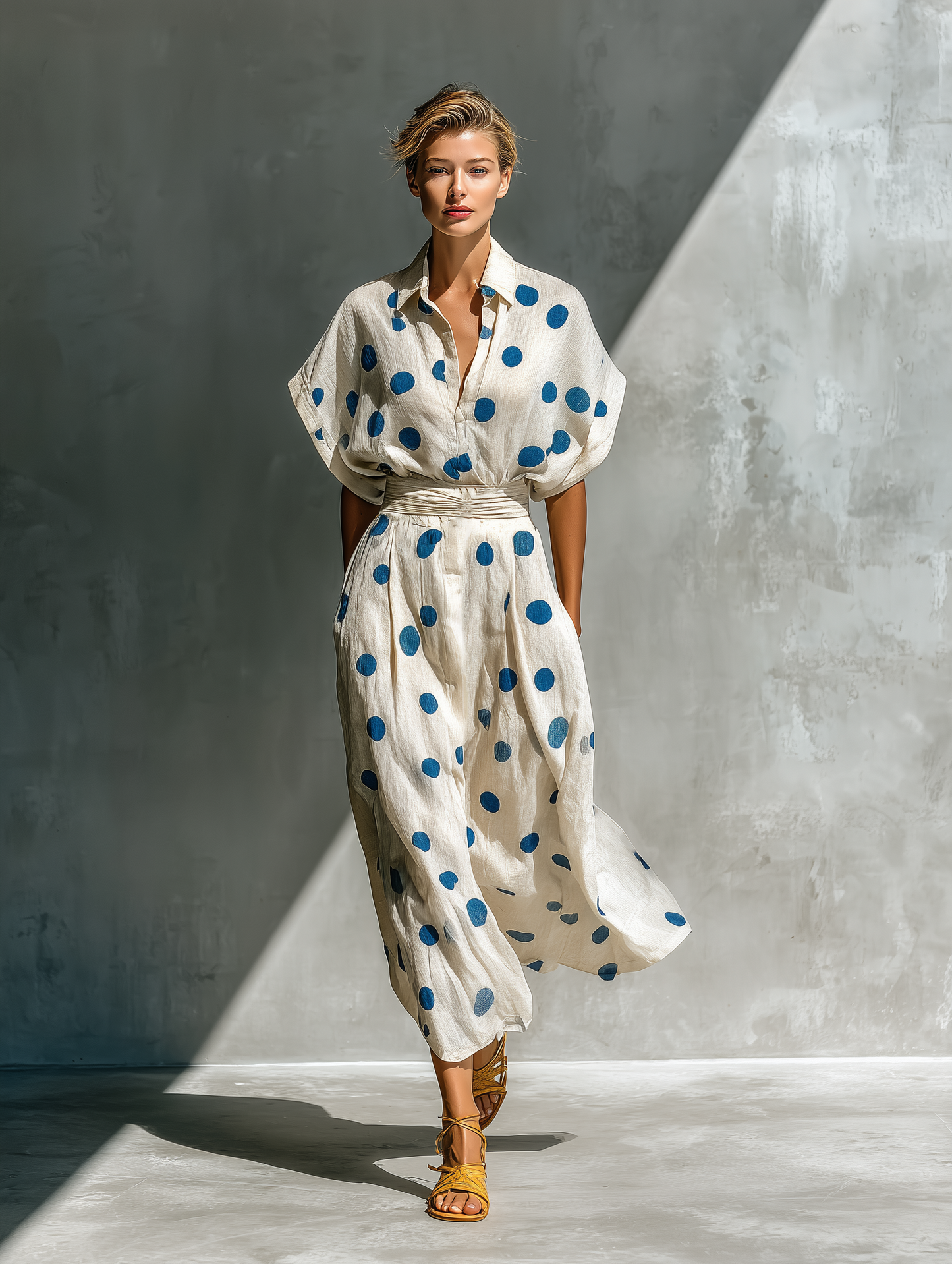 Off-White - Woman walking in a woven polka dot maxi dress with a collared neckline, dolman sleeves, and a wide ruched waistband.