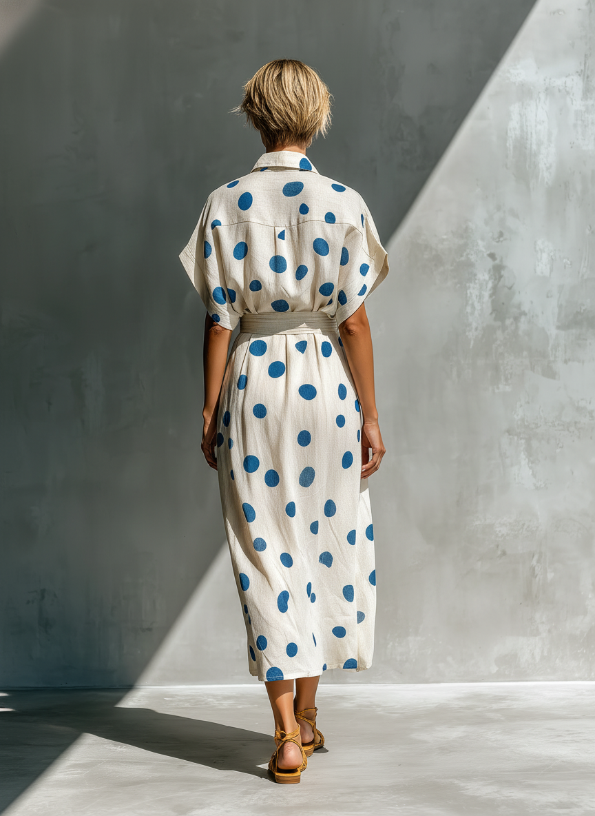 Off-White - Woman walking in a woven polka dot maxi dress with a collared neckline, dolman sleeves, and a wide ruched waistband.