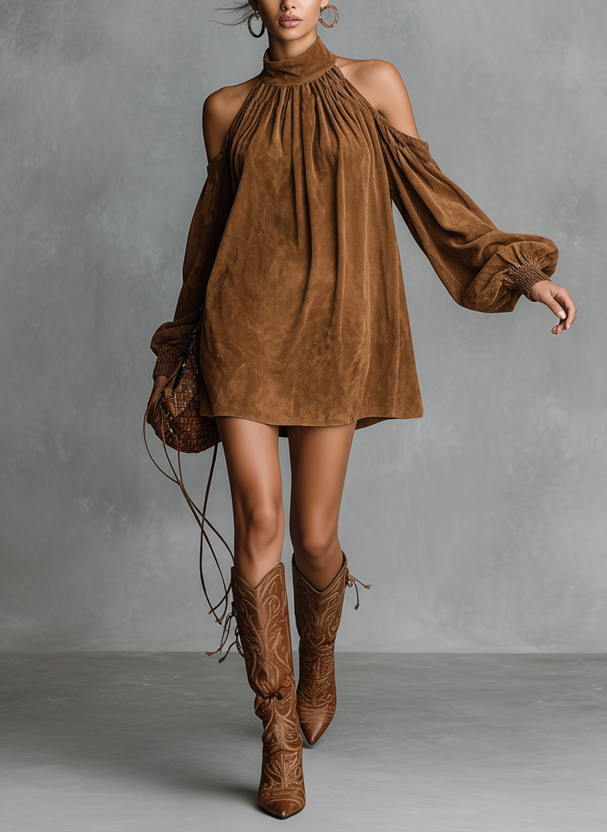 Photo Color - Model wearing a draped faux-suede mini dress with a high neckline, cold-shoulder cutouts, and long bishop sleeves, styled with tall western boots.