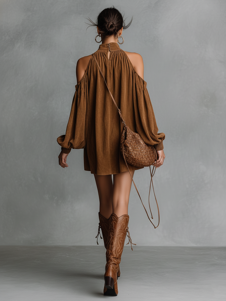 Photo Color - Model wearing a draped faux-suede mini dress with a high neckline, cold-shoulder cutouts, and long bishop sleeves, styled with tall western boots.