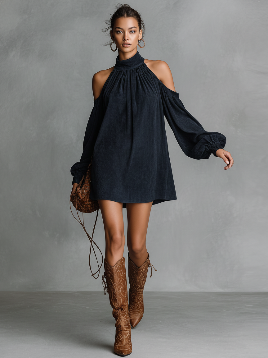 Navy - Model wearing a draped faux-suede mini dress with a high neckline, cold-shoulder cutouts, and long bishop sleeves, styled with tall western boots.