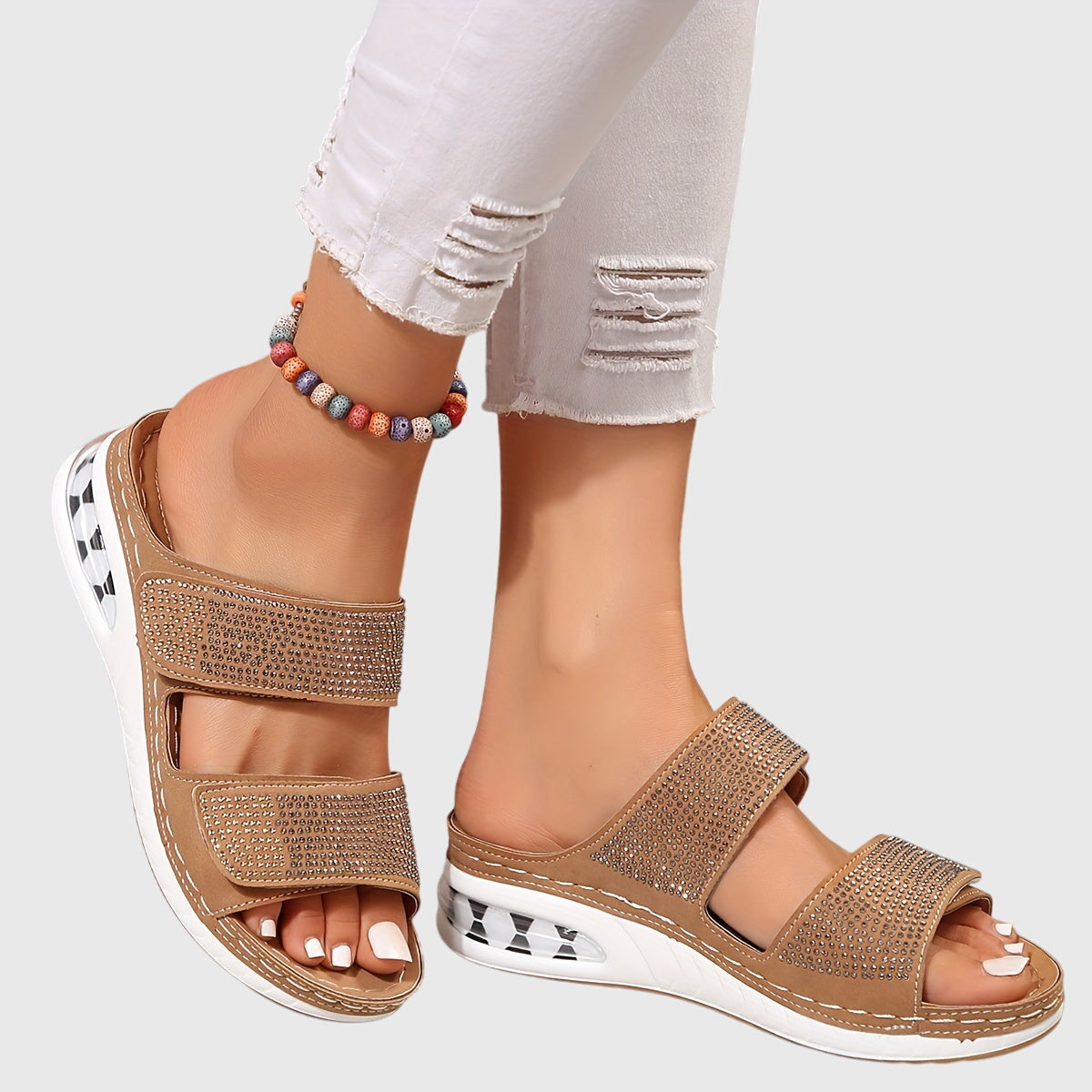 Black - Women's double strap platform sandals featuring rhinestone embellishments, adjustable hook-and-loop closures, and a thick shock-absorbing sole.