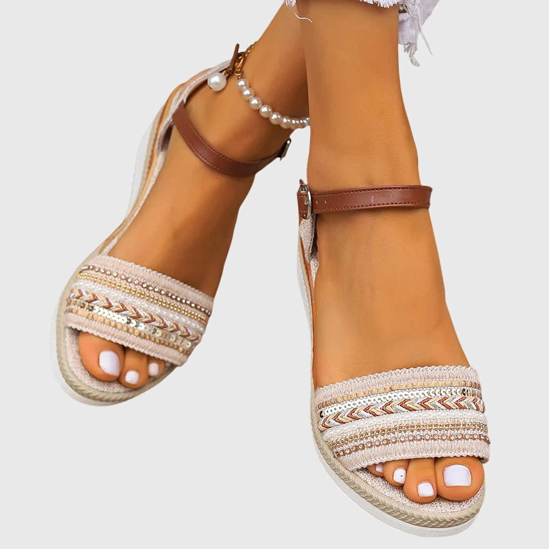 White/Brown - Women's open-toe wedge sandals featuring a breathable canvas upper, intricate beaded embroidery across the front strap, an adjustable faux-leather ankle strap, and a layered shock-absorbing sole.