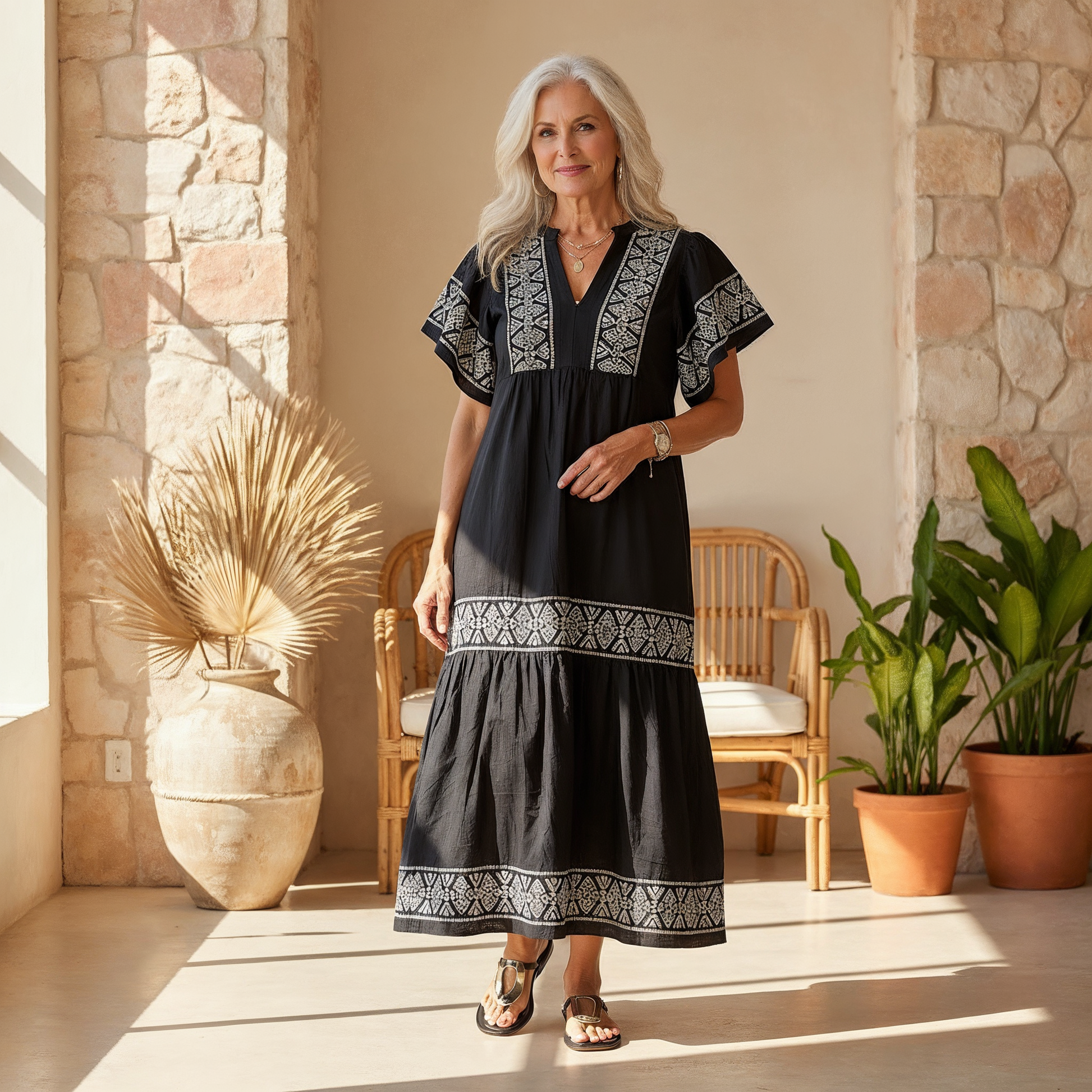 Black - A woman wearing a black midi-length cotton dress featuring white geometric embroidery along the V-neckline, flutter sleeves, tiered skirt, and hem.