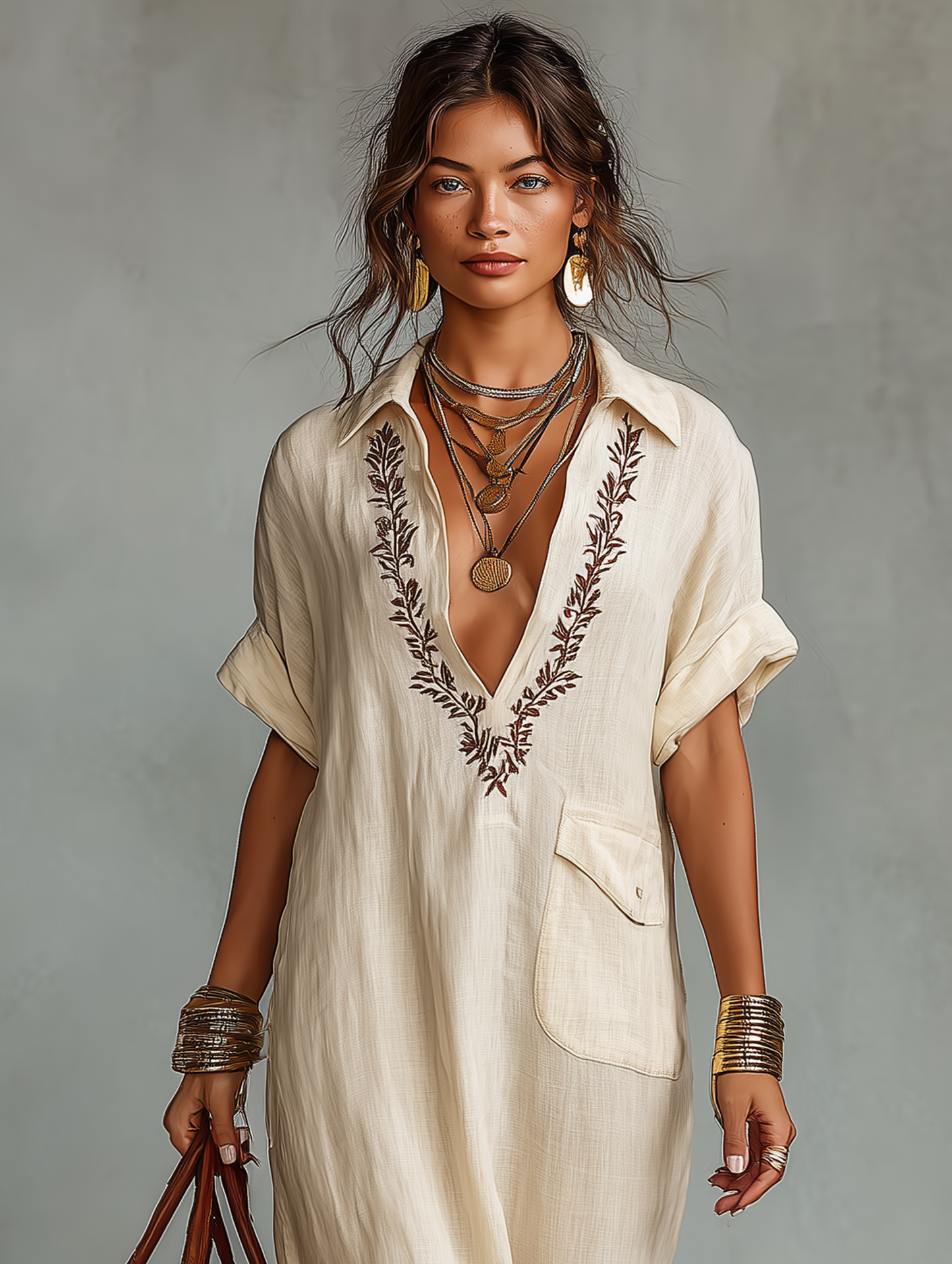 Black - Model wearing a relaxed fit woven maxi dress with a collared V-neckline, intricate front embroidery, and a single patch pocket, styled with a woven tote bag.