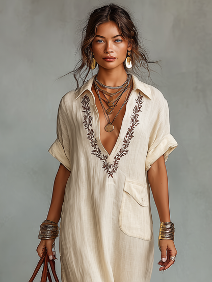 Black - Model wearing a relaxed fit woven maxi dress with a collared V-neckline, intricate front embroidery, and a single patch pocket, styled with a woven tote bag.