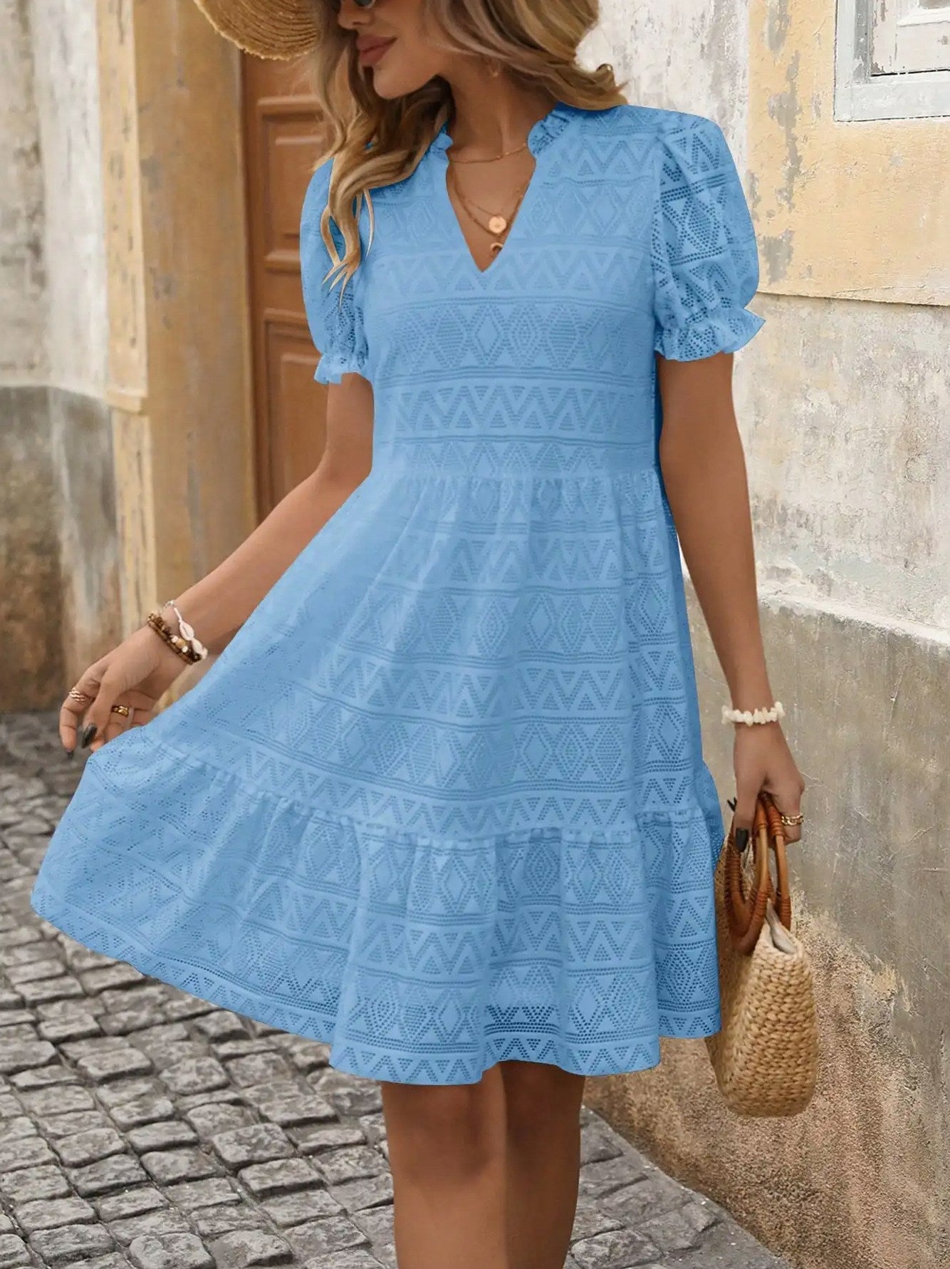 Eyelet Puff Sleeve Mini Dress