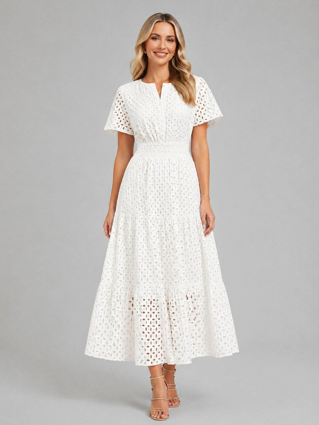 Eyelet Short Sleeve Midi Dress