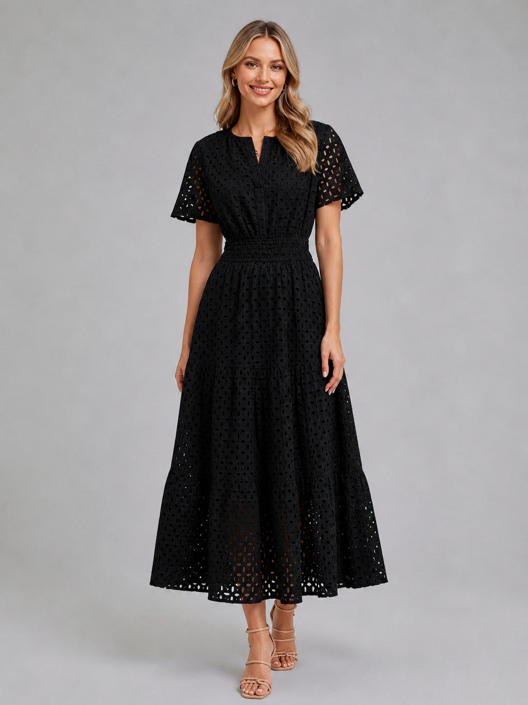 Eyelet Short Sleeve Midi Dress