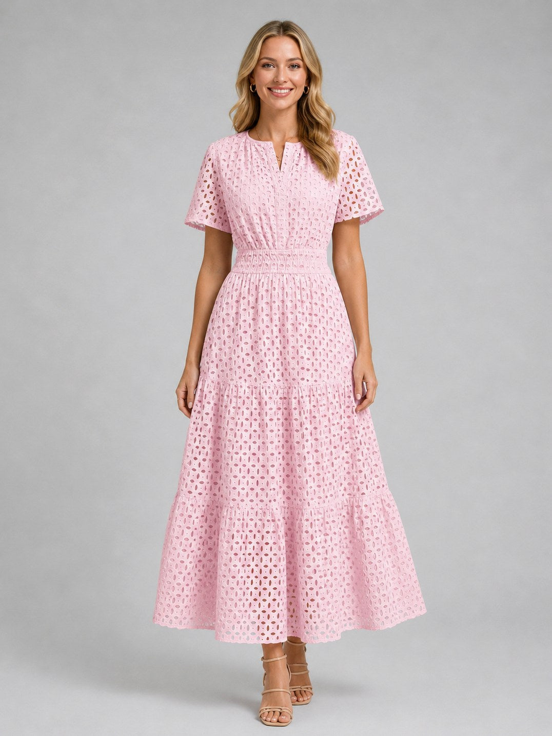 Eyelet Short Sleeve Midi Dress