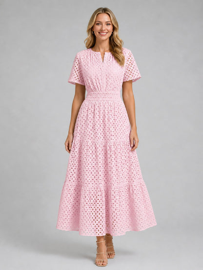 Eyelet Short Sleeve Midi Dress