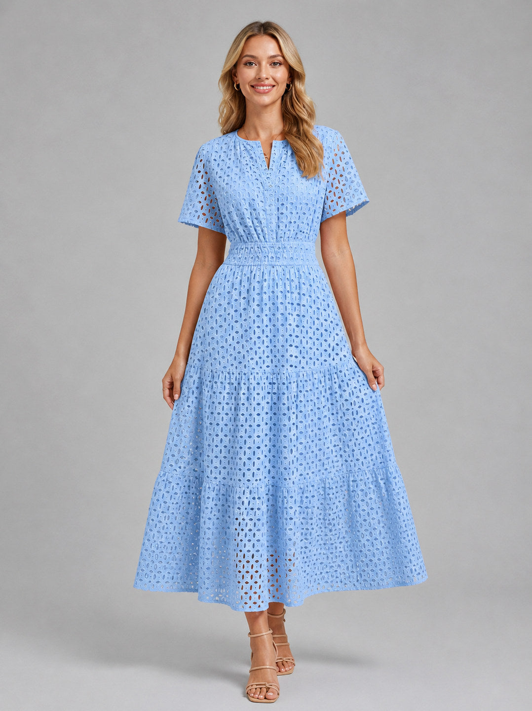 Eyelet Short Sleeve Midi Dress