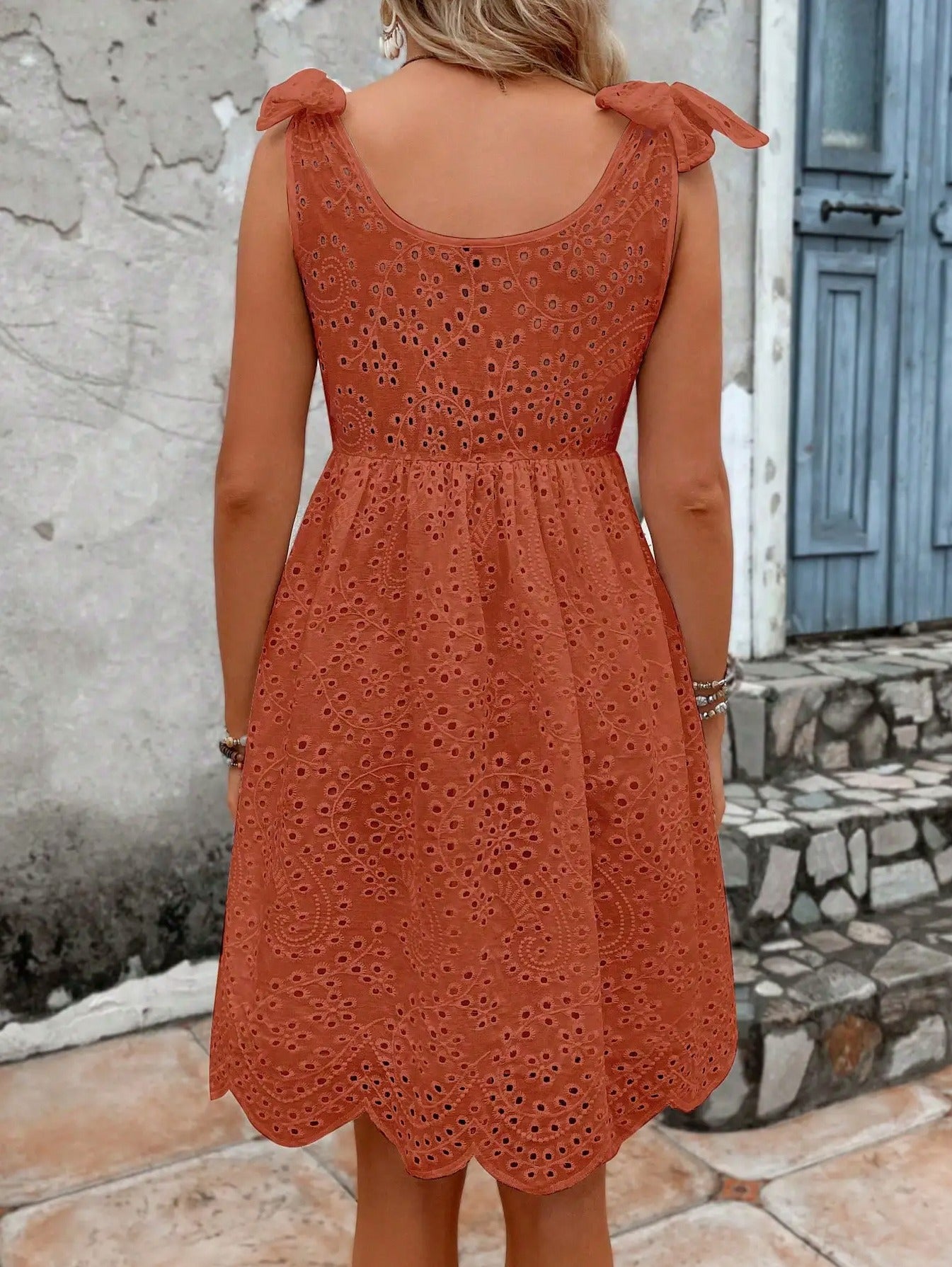 Eyelet Tie Shoulder Mini Dress