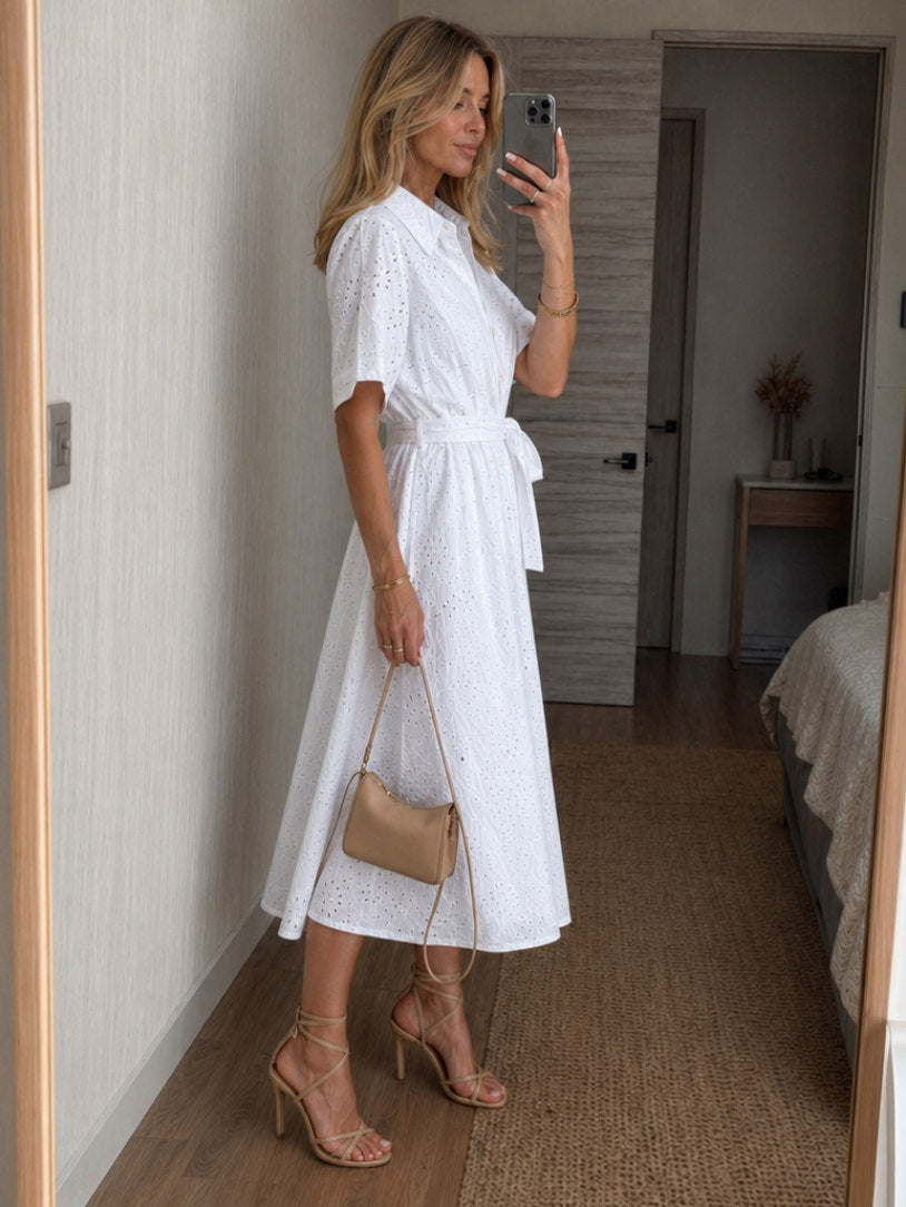 Eyelet Tie Waist Shirt Dress