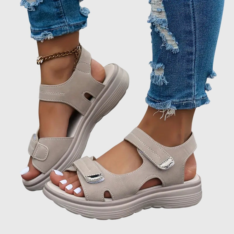 Khaki - Textured faux-leather platform sandals featuring adjustable hook-and-loop straps, contrast stitching, and a thick cushioned sole.