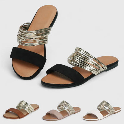 Onyx Black - Women's slip-on flat sandals featuring a solid faux-suede toe strap, a multi-strap midfoot band, and a contoured footbed.