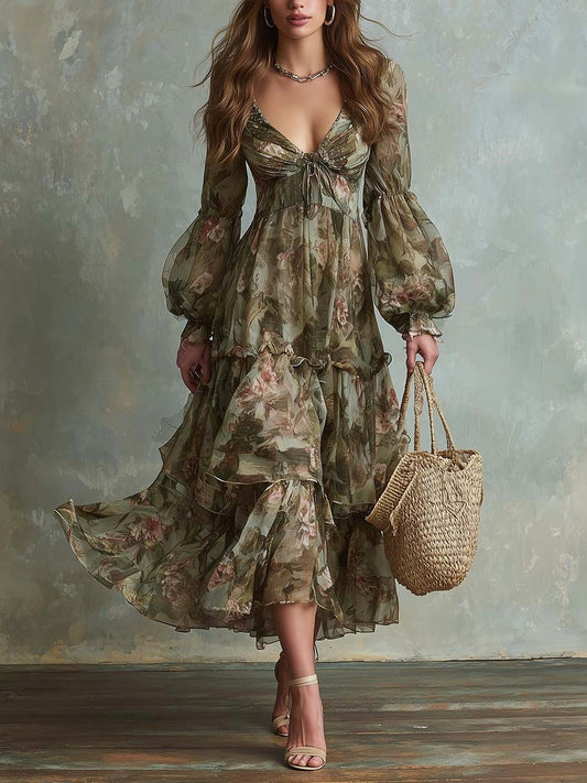 Floral Chiffon Puff Sleeve Maxi Dress