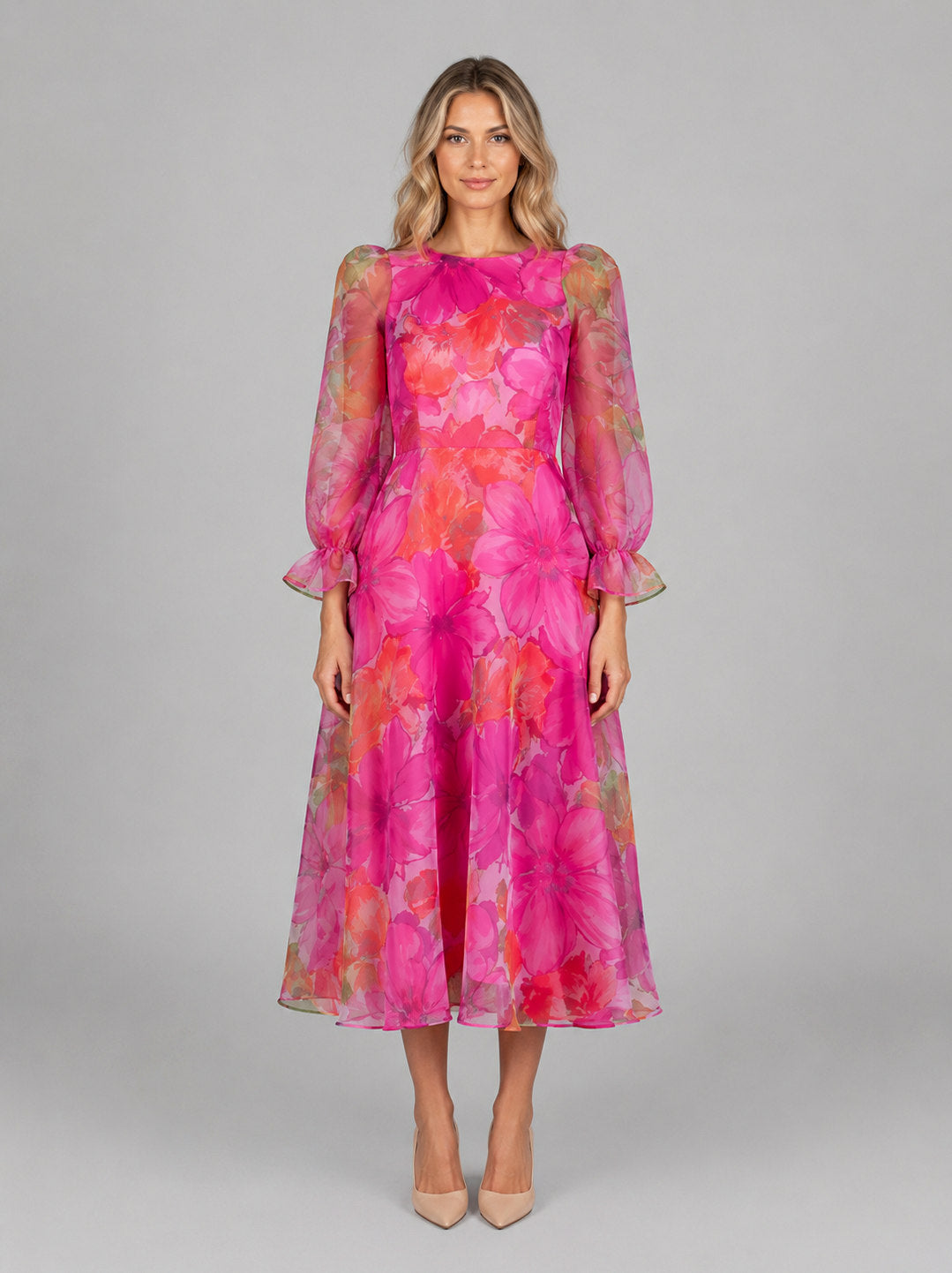 Floral Chiffon Puff Sleeve Midi