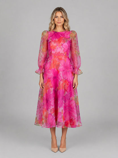 Floral Chiffon Puff Sleeve Midi