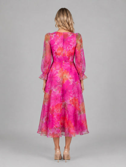 Floral Chiffon Puff Sleeve Midi