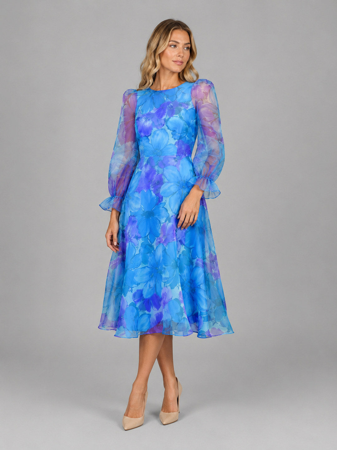 Floral Chiffon Puff Sleeve Midi