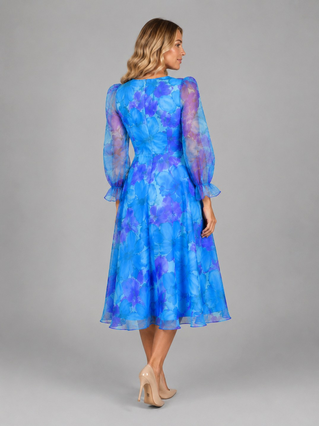 Floral Chiffon Puff Sleeve Midi