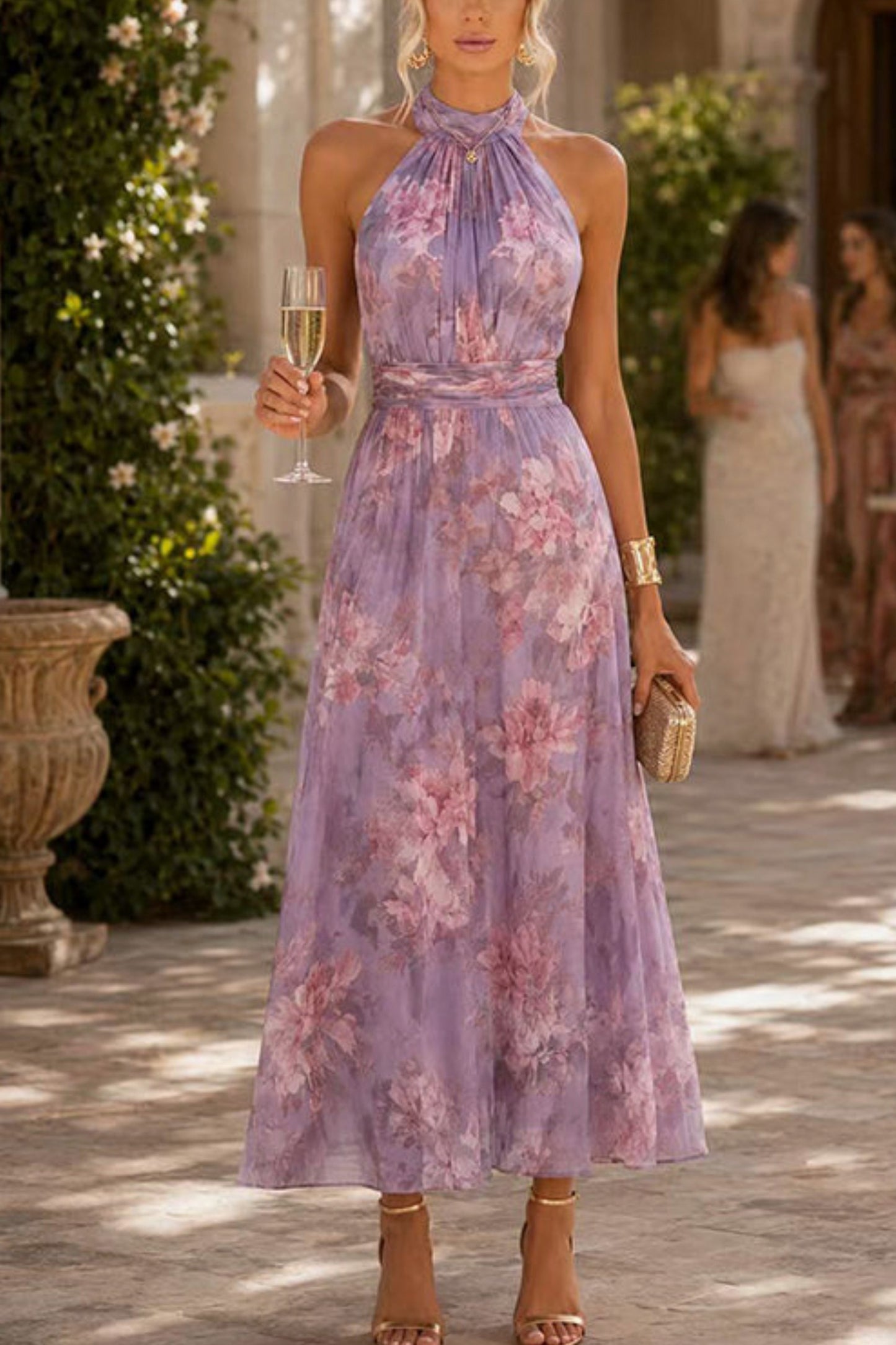 Floral Halter Chiffon Maxi Dress