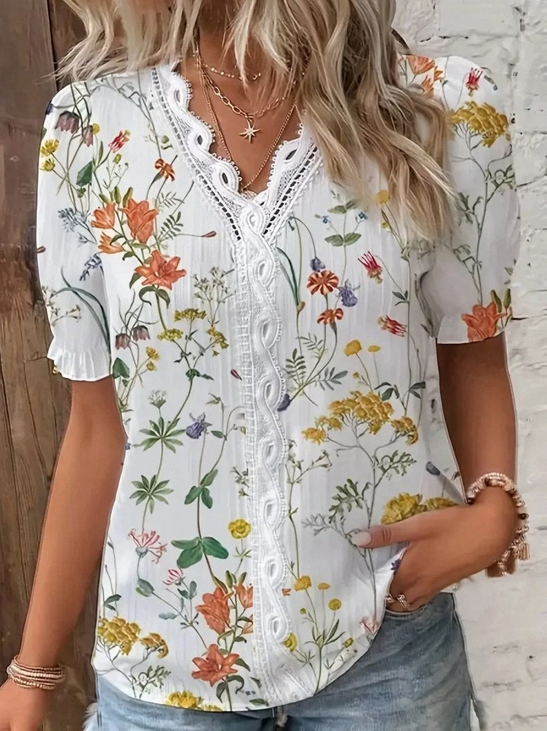 Floral Lace Puff Sleeve Blouse