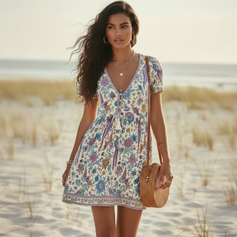Blue - A woman on a sandy beach wearing a short-sleeved, V-neck mini dress featuring a blue, purple, and yellow floral paisley print with an empire waist and tassel details.