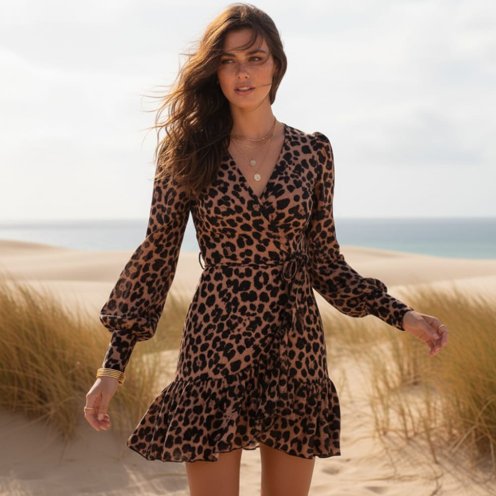 Leopard - A woman stands on a sandy beach wearing a black and blush pink floral print mini wrap dress with long bishop sleeves, a V-neckline, and a ruffled hem.