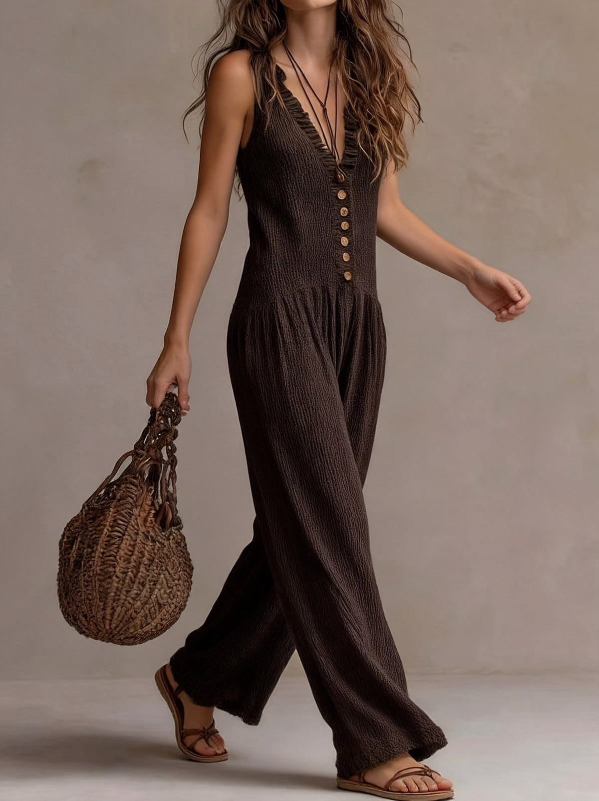 Gauze Button Front Jumpsuit