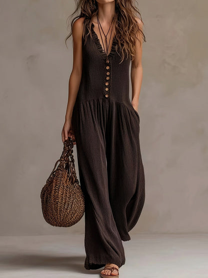 Gauze Button Front Jumpsuit