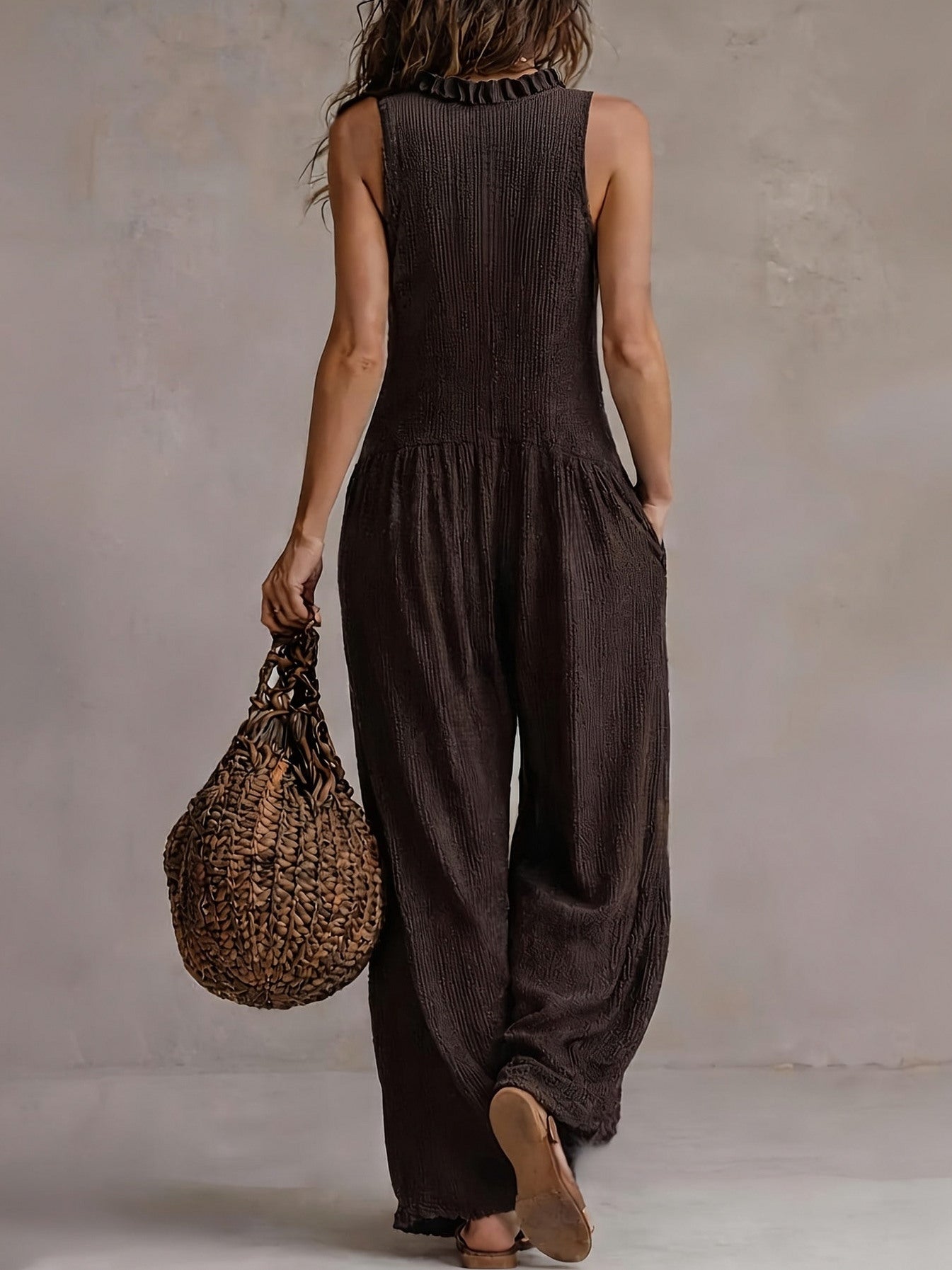 Gauze Button Front Jumpsuit