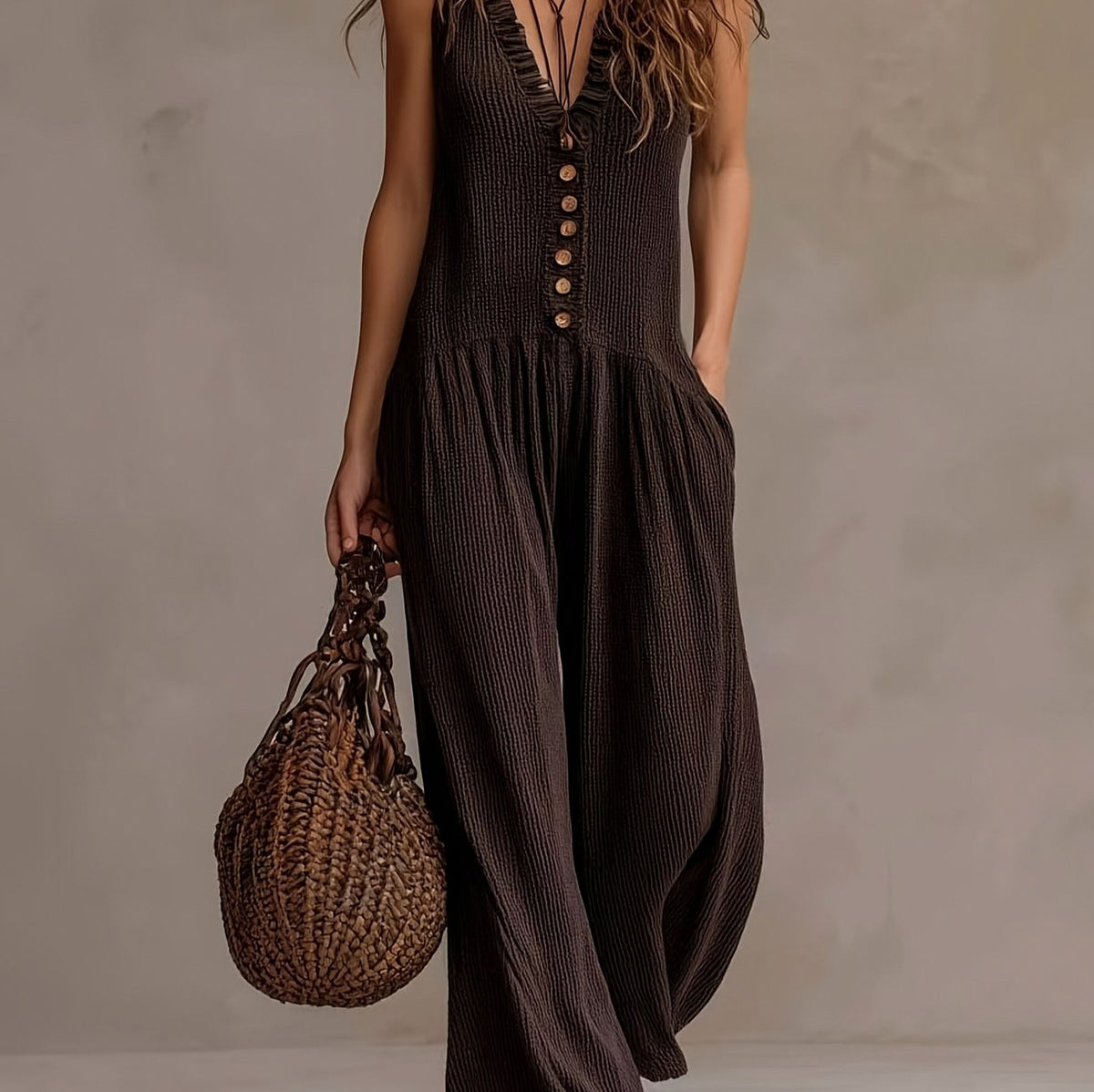Gauze Button Front Jumpsuit