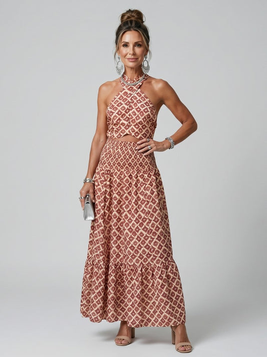 Geometric Halter Cutout Maxi Dress