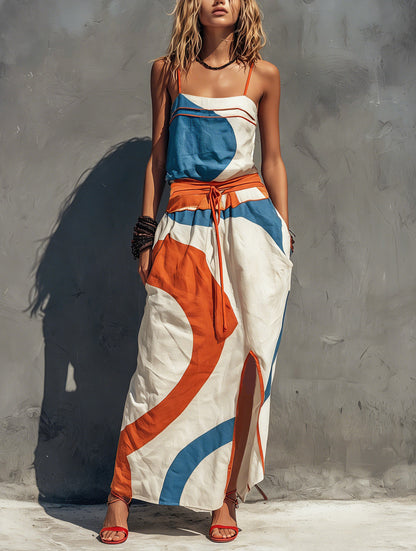 Geometric Tie Waist Maxi Dress