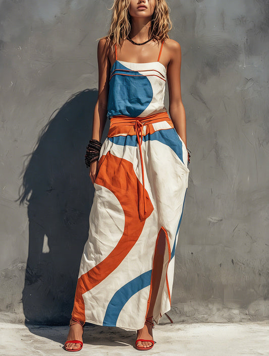 Geometric Tie Waist Maxi Dress