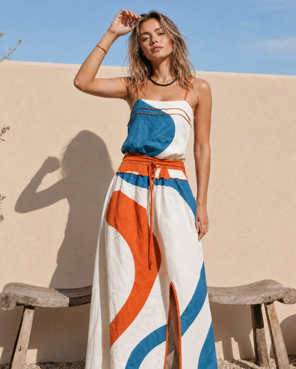 Geometric Tie Waist Maxi Dress