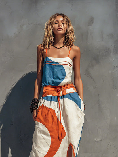 Geometric Tie Waist Maxi Dress